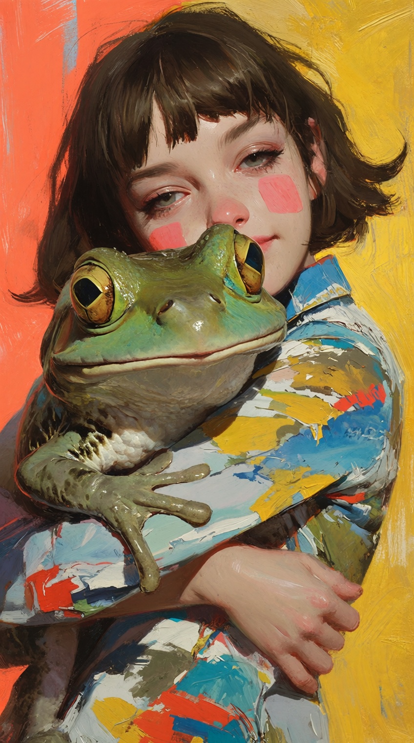 an expressive oil painting of a woman with short messy brown hair and rosy cheeks hugging a giant,  realistic green bullfr...