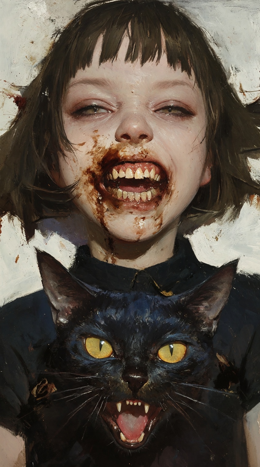 A visceral and chaotic close-up oil painting of a girl with a dark bob haircut lying down. She has a manic expression,  gr...