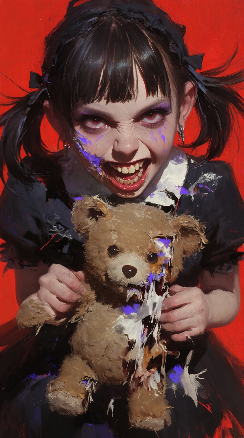 A visceral and chaotic close-up oil painting of a young gothic lolita girl with dark twin tails grinning maniacally with a...