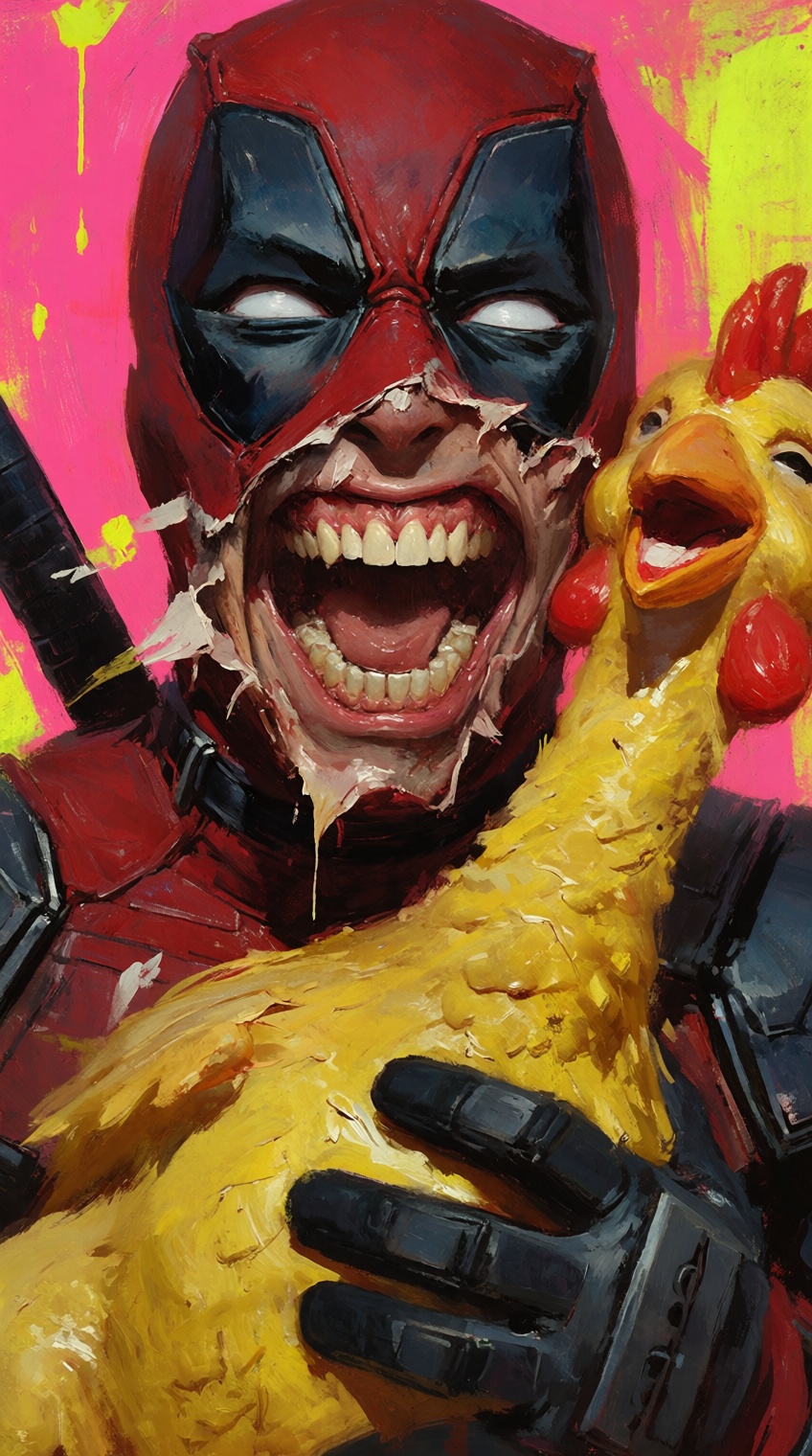 A visceral and chaotic close-up oil painting of Deadpool with his mask partially torn at the mouth,  showing a wild,  mani...