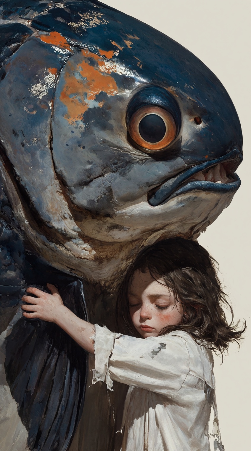 a small girl with messy brown hair hugging the giant head of a massive,  ancient dark blue fish. The fish has rough textur...