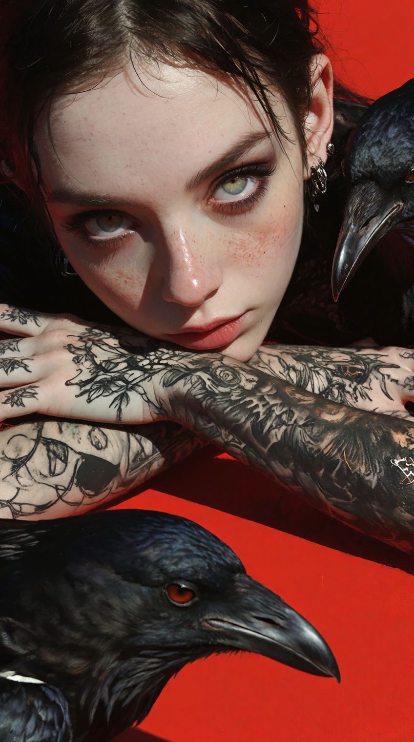 A close-up portrait of a young woman with intense light-colored eyes,  resting her chin on her crossed arms. Her arms are...