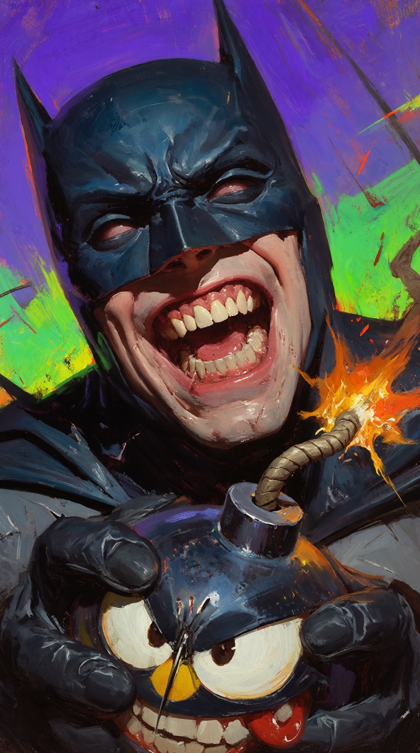 A visceral and chaotic close-up oil painting of Batman with a manic grin,  showing his teeth under his dark cowl,  while c...
