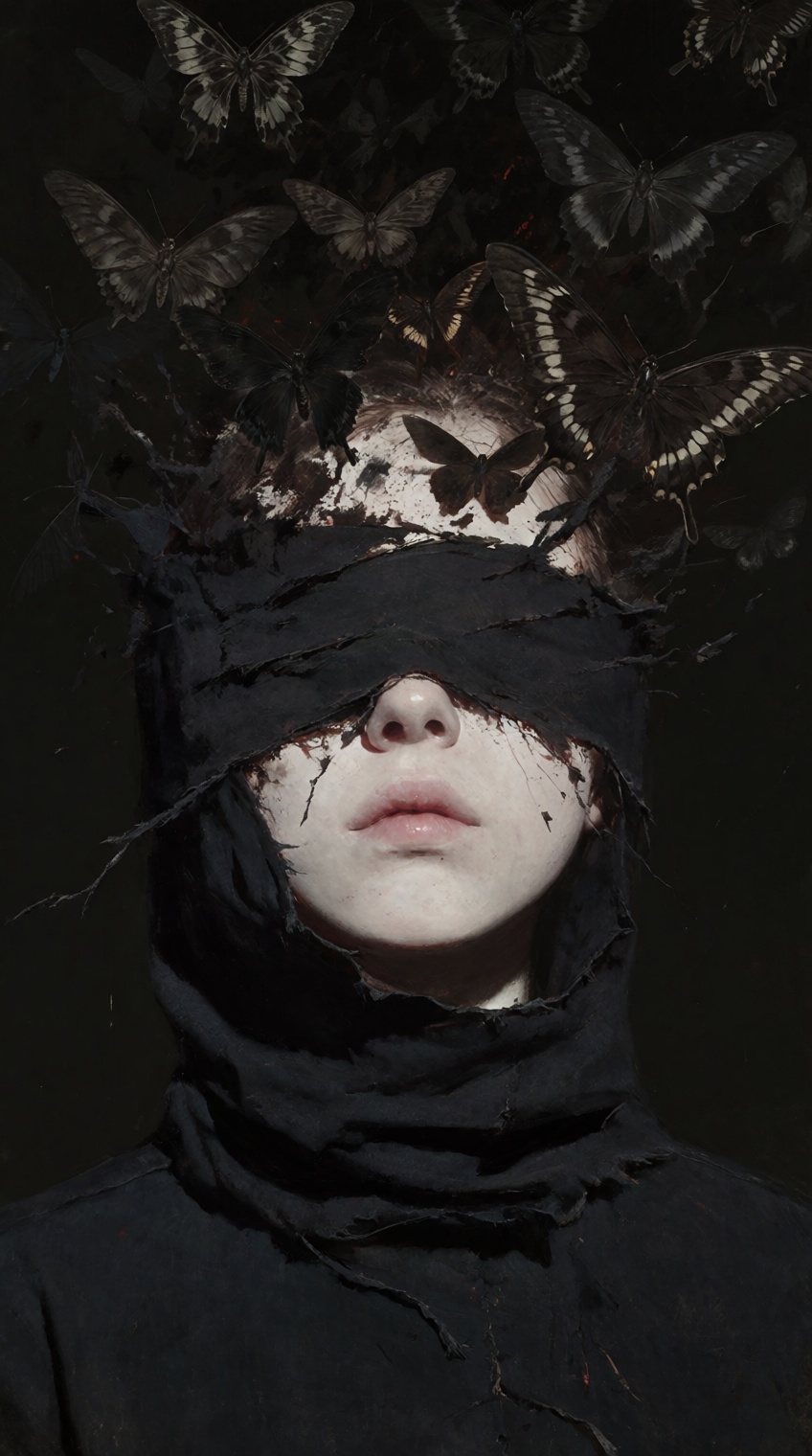 portrait of a pale gothic figure blindfolded with a torn black cloth. The fabric of the blindfold disintegrates and transf...