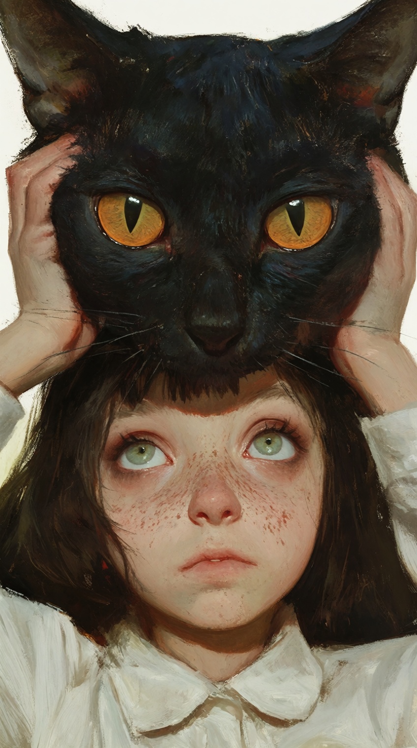 A surreal oil painting of a young girl with freckles and green eyes looking upwards. She is holding a large black cat's he...