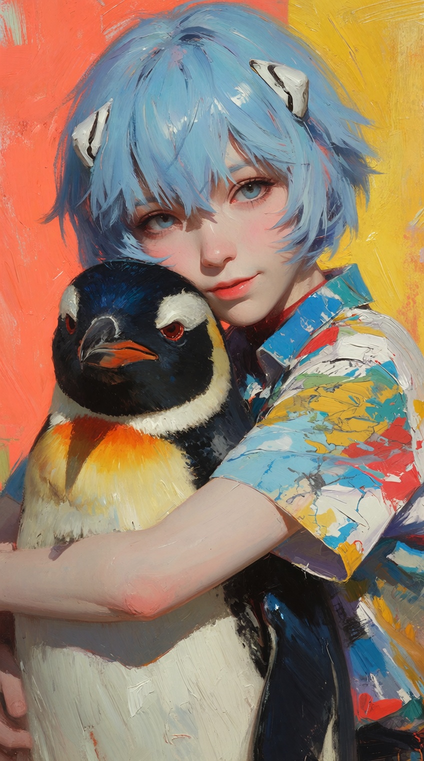 An expressive oil painting of Rei Ayanami with her short,  light blue hair,  soft bangs on Tensor.Art