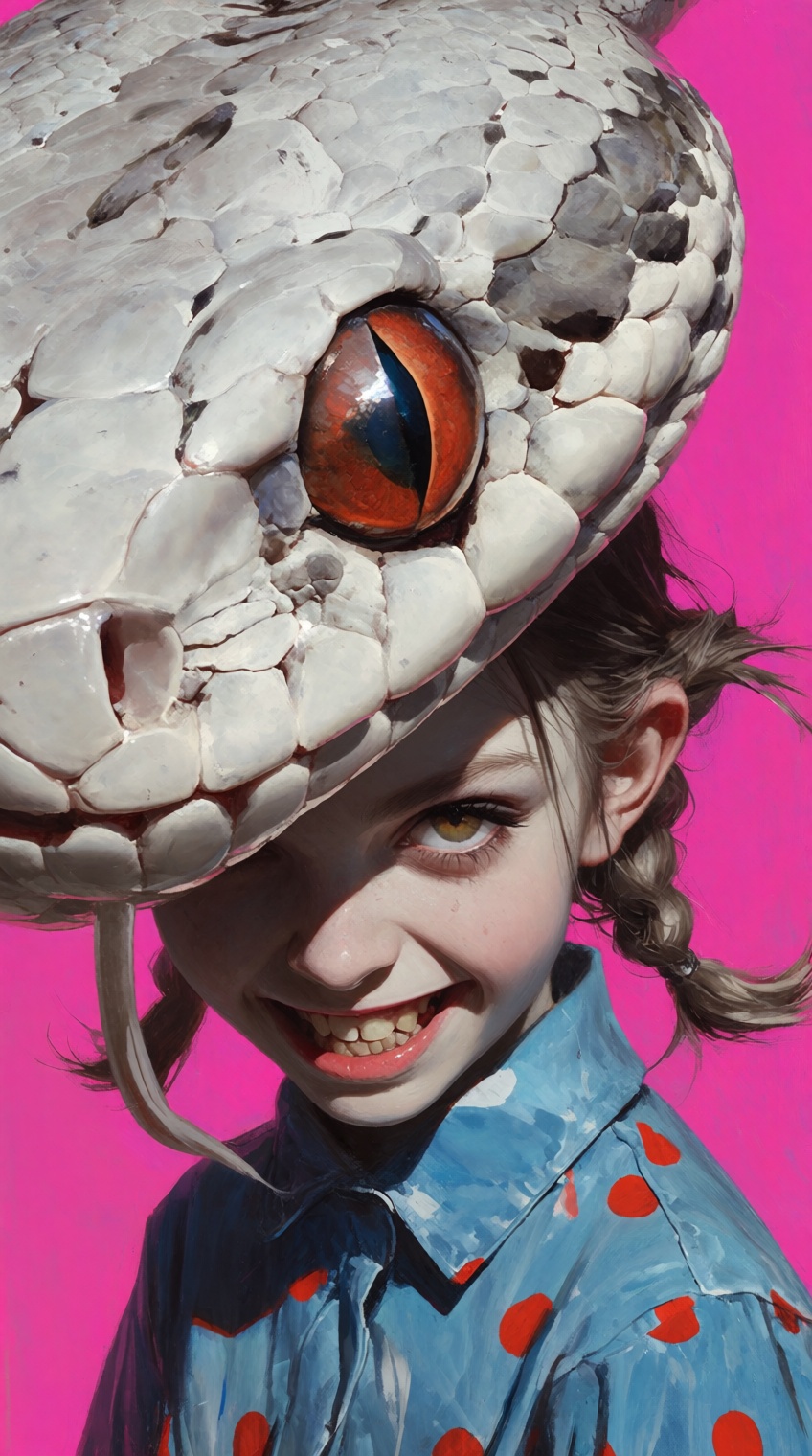 rogerhaus art,  A surreal close-up portrait of a girl peeking out from behind a massive,  pale snake head. The snake has d...
