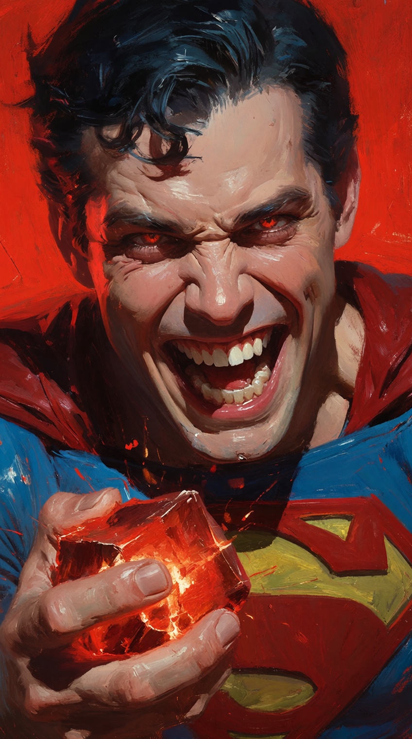 A visceral and chaotic close-up oil painting of Superman with a manic,  unhinged grin,  showing his teeth while his eyes g...