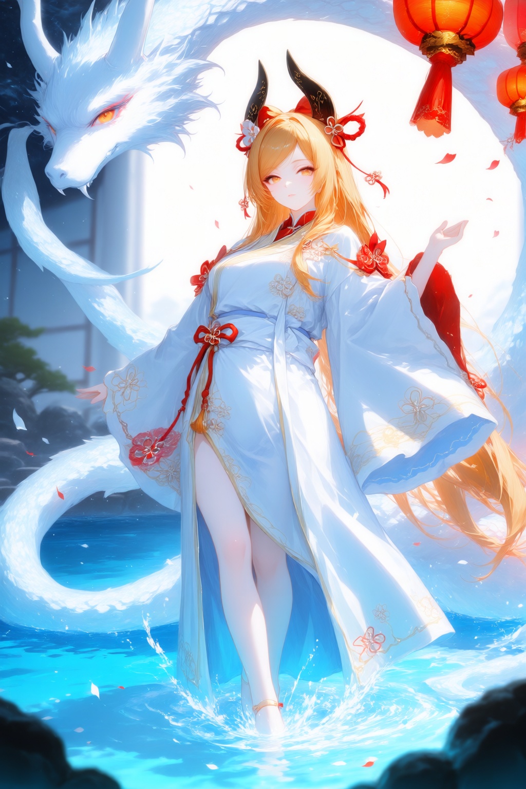 The image depicts a traditional East Asian-style artwork featuring a woman in flowing white and blue robes,  adorned with...