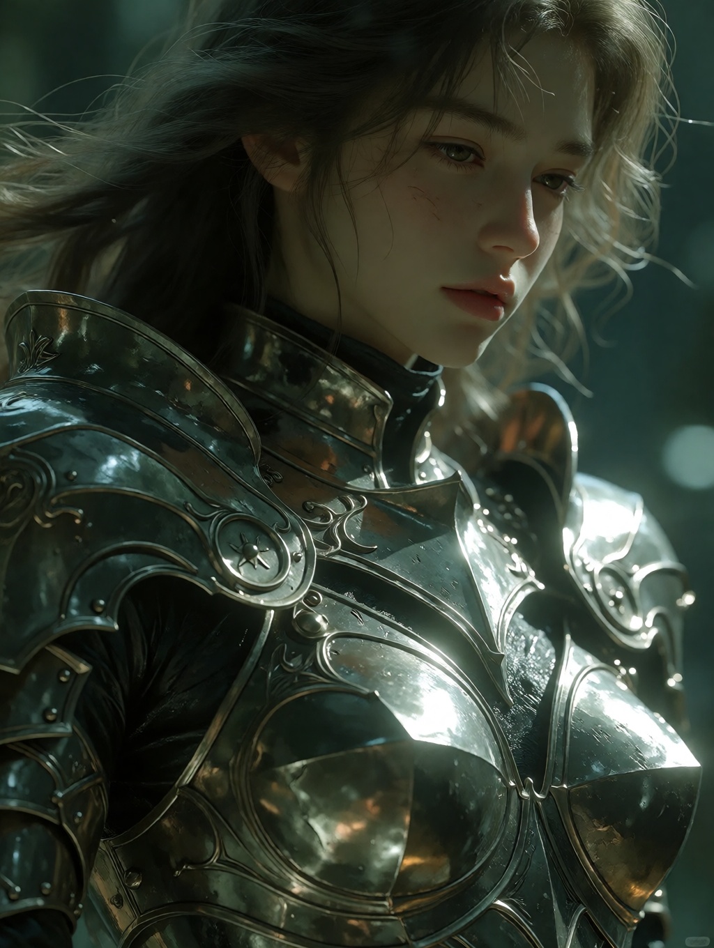 A hyper-detailed digital artwork captures a majestic young woman in exquisite armor,  her figure rendered with the gritty...