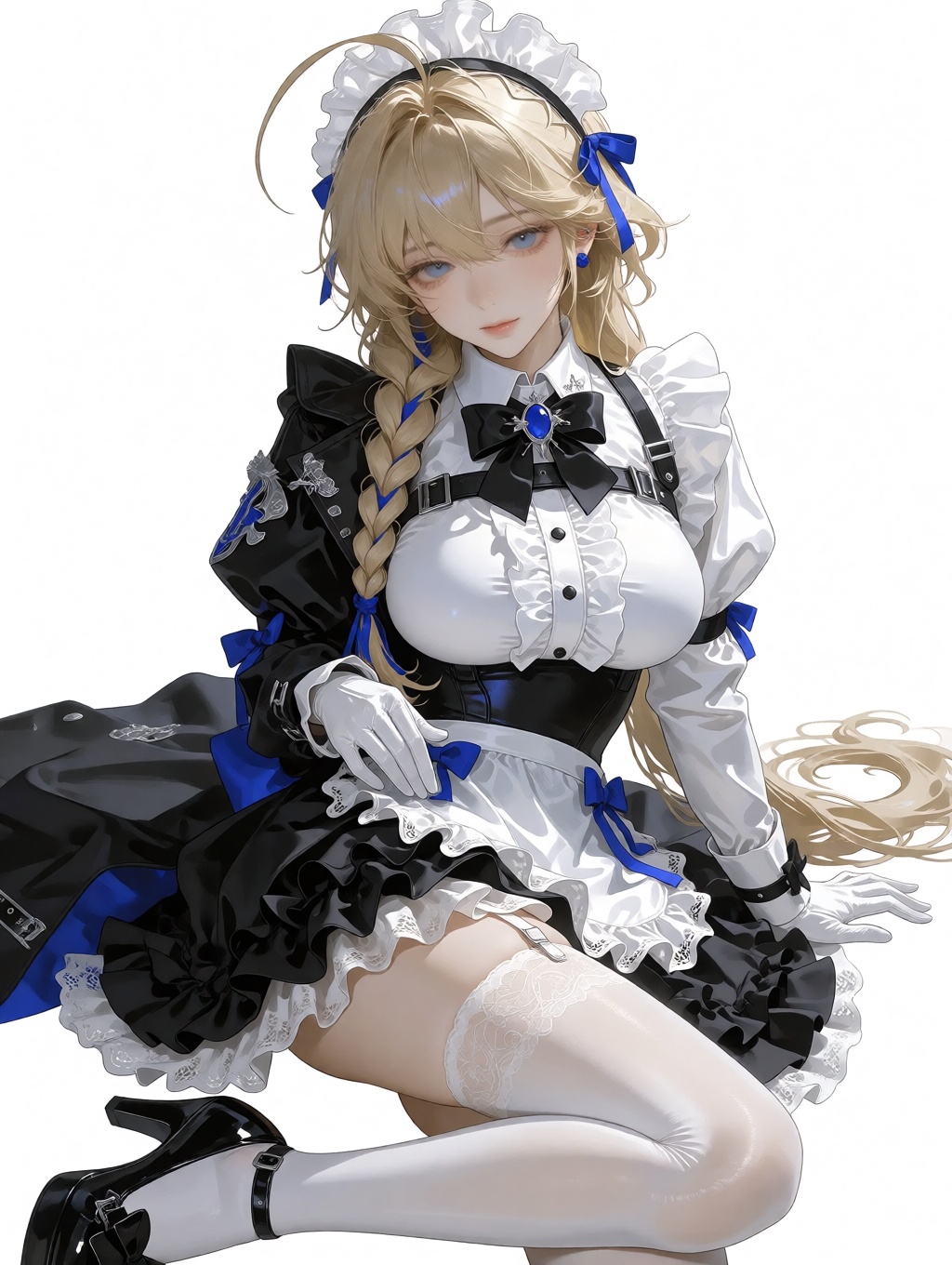 A polished full-body anime illustration of a beautiful ***** blonde girl in an elegant gothic maid-inspired outfit,  shown...