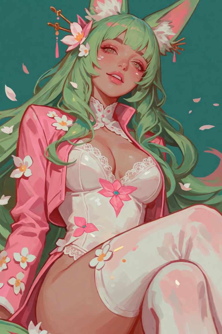 A woman with long green hair and a mole on her cheek is sitting,  her long hair adorned with a hair ornament and a hair fl...