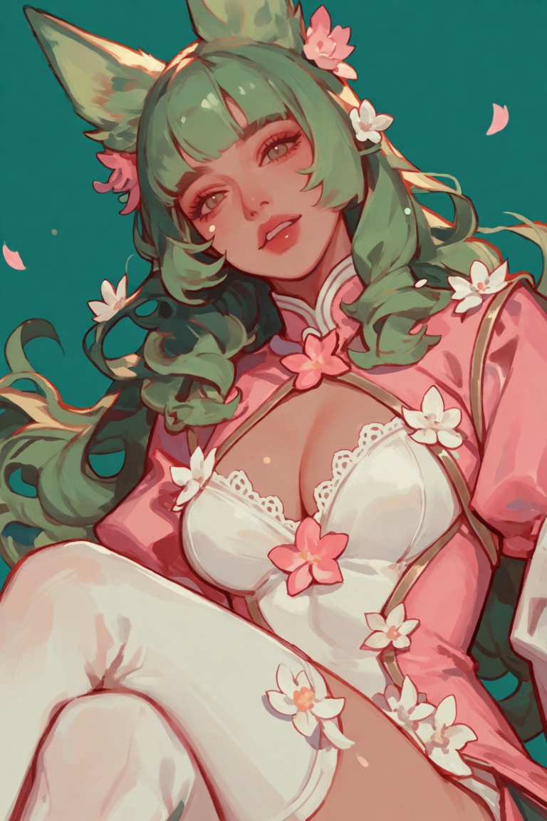 A woman with long green hair and a mole on her cheek is sitting,  her long hair adorned with a hair ornament and a hair fl...