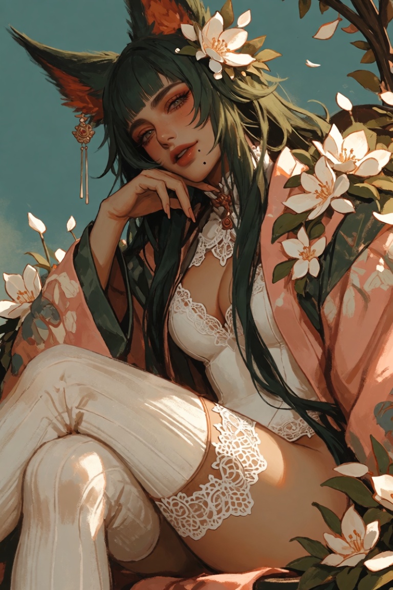A woman with long green hair and a mole on her cheek is sitting,  her long hair adorned with a hair ornament and a hair fl...