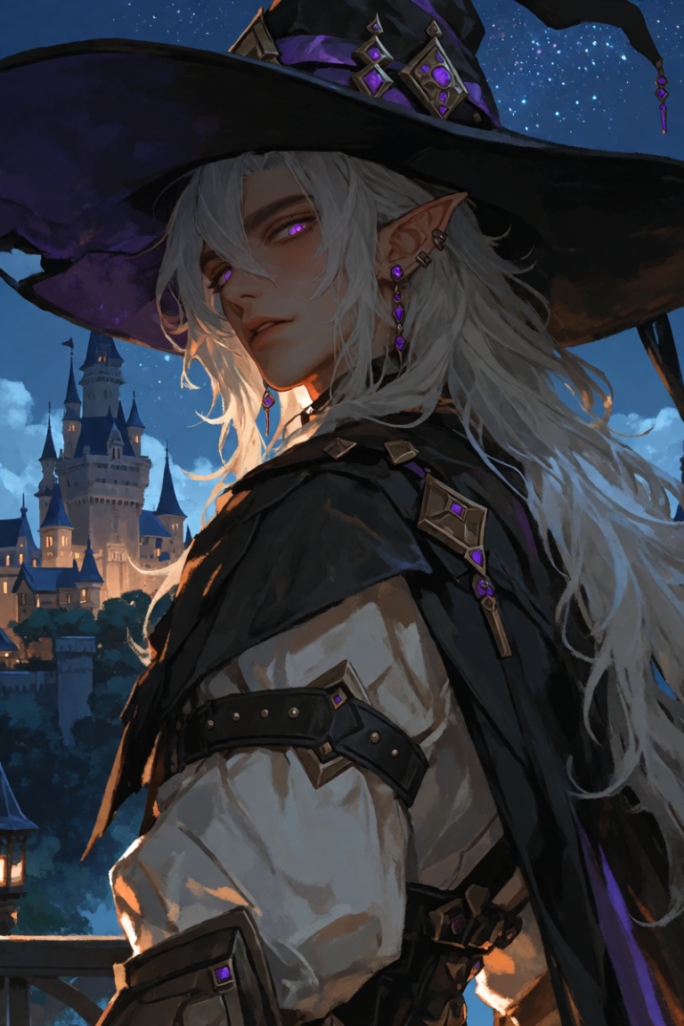 Create a solo image featuring a male witch with long,  flowing hair,  looking directly at the viewer with piercing purple...