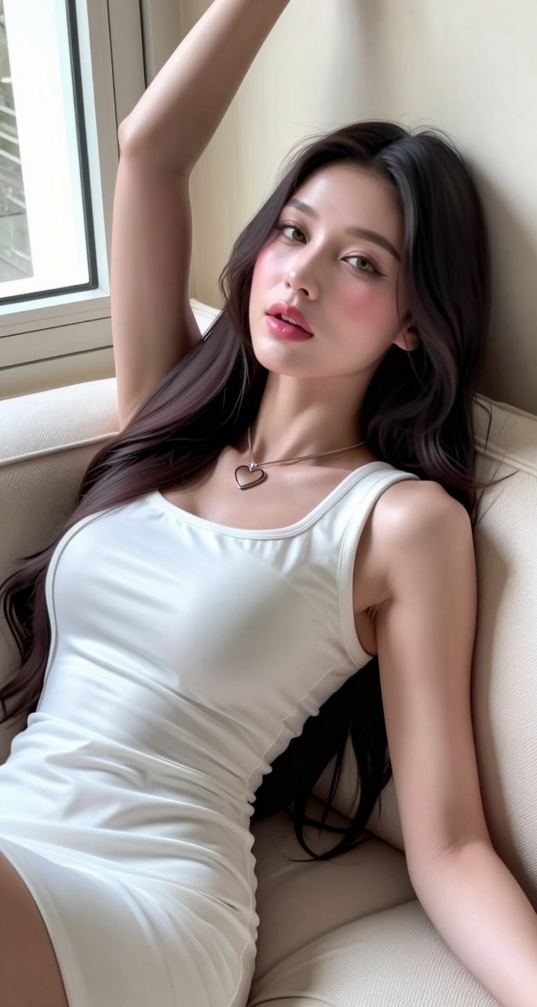 一位24歲的年輕女子。她有著柔順的長黑髮、白皙的肌膚、一條鐵質心形項鍊、一雙淺綠色的眼睛、粉嫩的嘴唇,  以及纖細而充滿女性魅力的身材。她高舉右臂過頭頂,  直視著觀者。她身穿白色無袖連身裙 on Tensor.Art