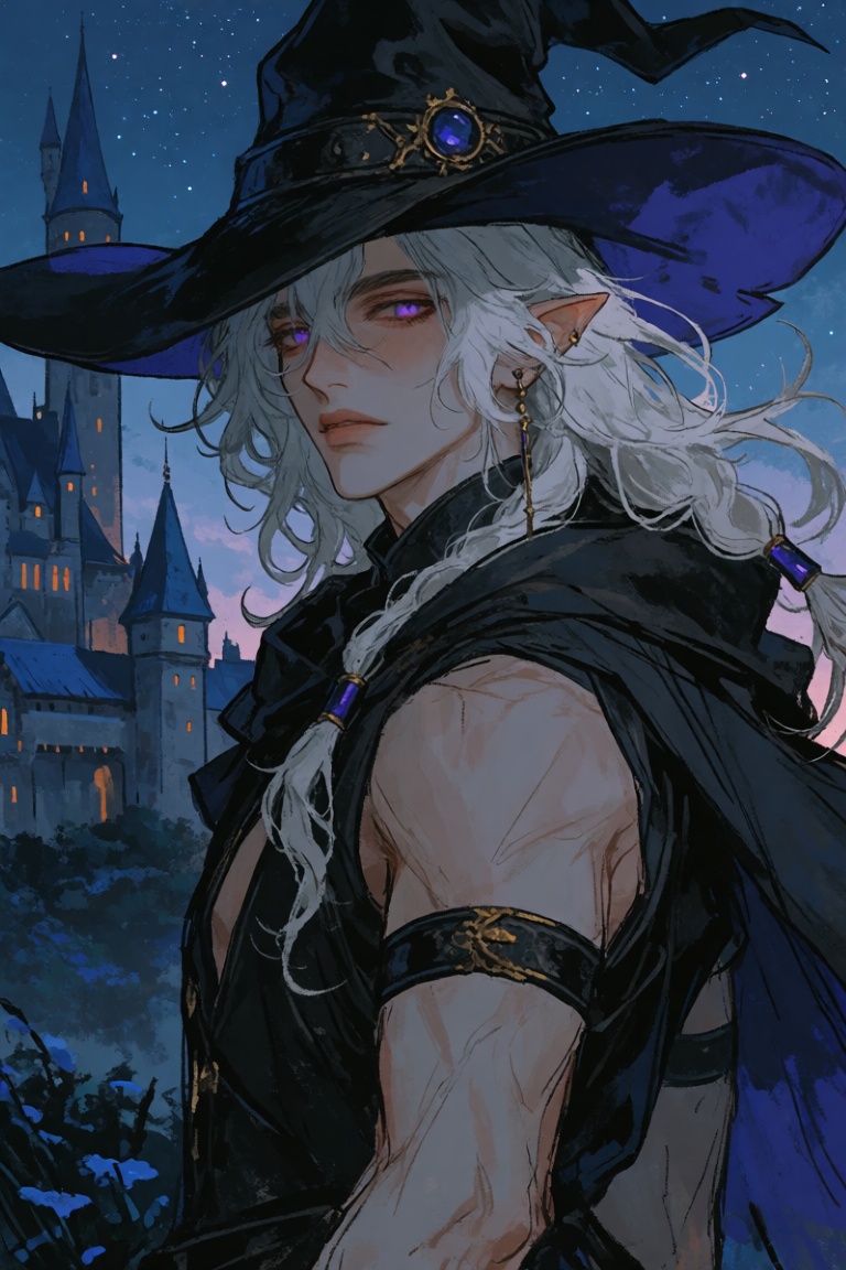 Create a solo image featuring a male witch with long,  flowing hair,  looking directly at the viewer with piercing purple...