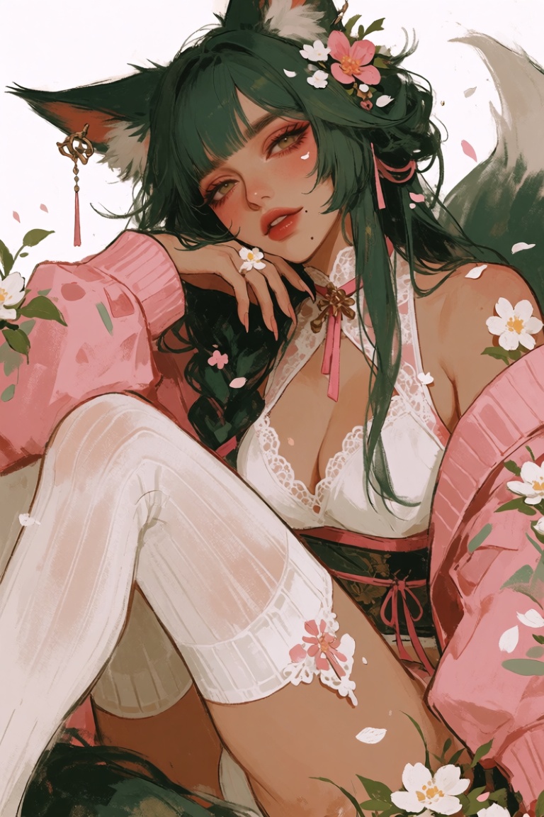 A woman with long green hair and a mole on her cheek is sitting,  her long hair adorned with a hair ornament and a hair fl...