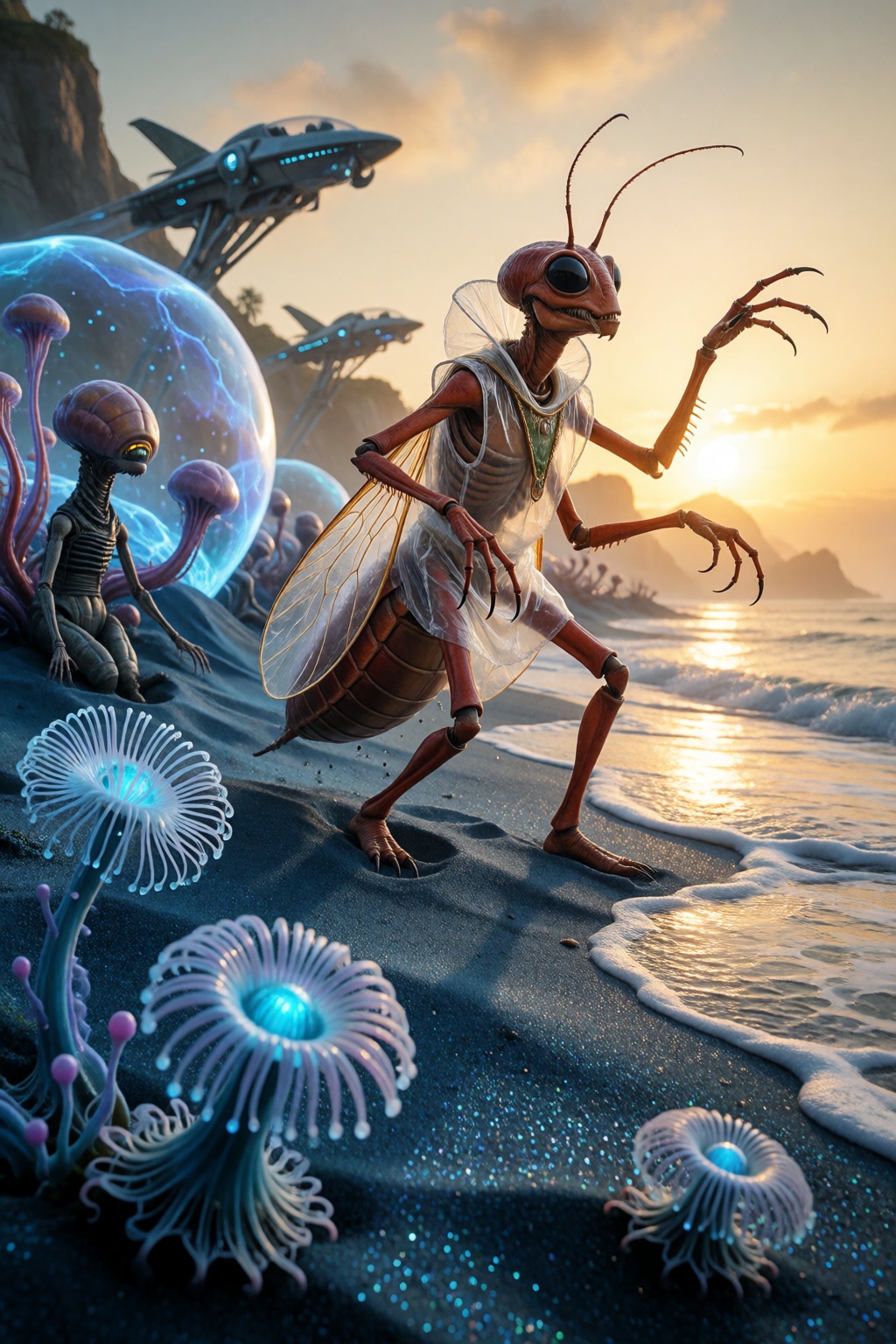 An insectoid Alien with red skin,  extra-thin limbs and a slender silhouette with two extra smaller arms attached to his t...
