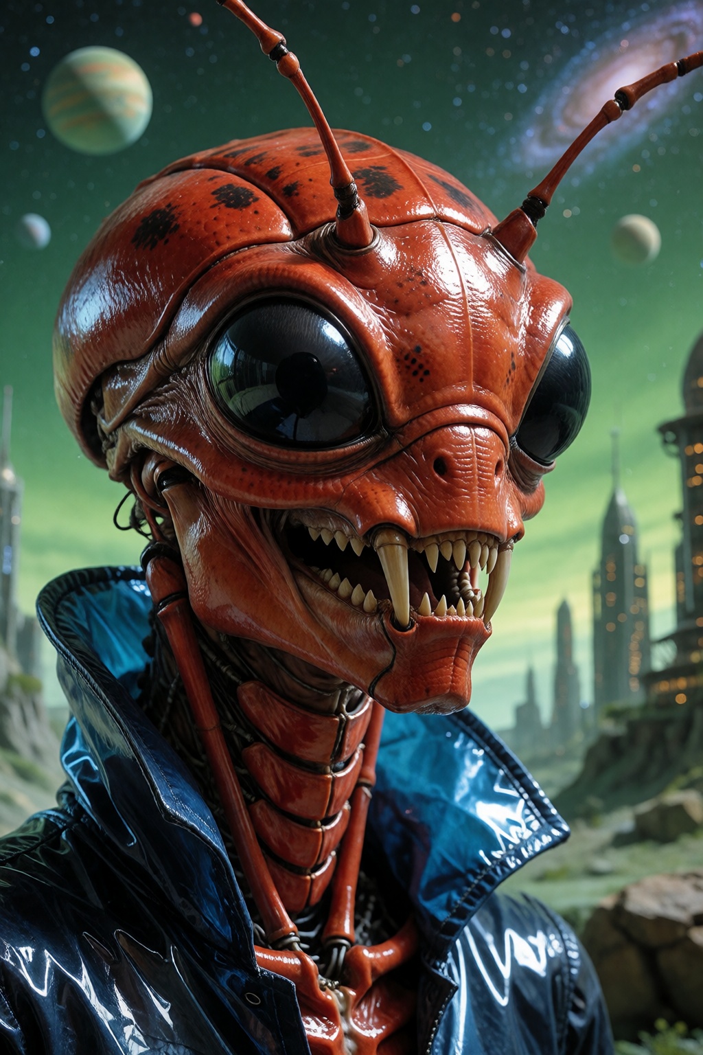 Photography portrait of an insectoid alien with black eyes and a red chitin skin. Slimy and shiny skin. Pointy fangs and m...