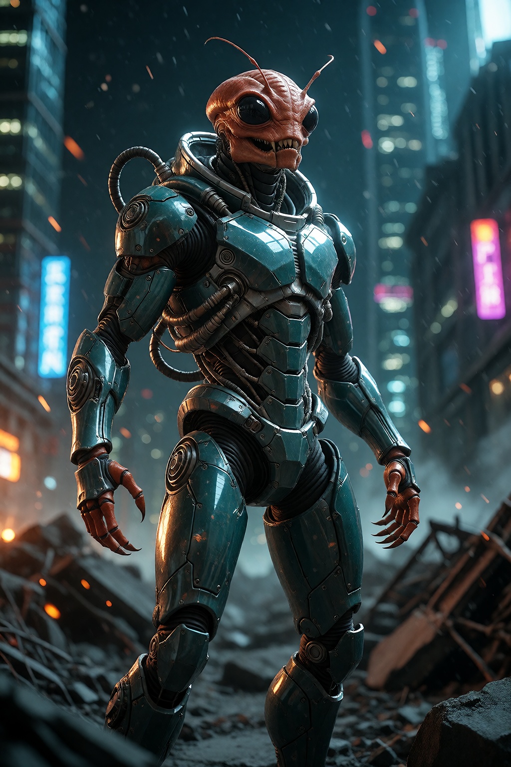 A full body shot of a futuristic,  armored alien figure,  without his helmet on Tensor.Art