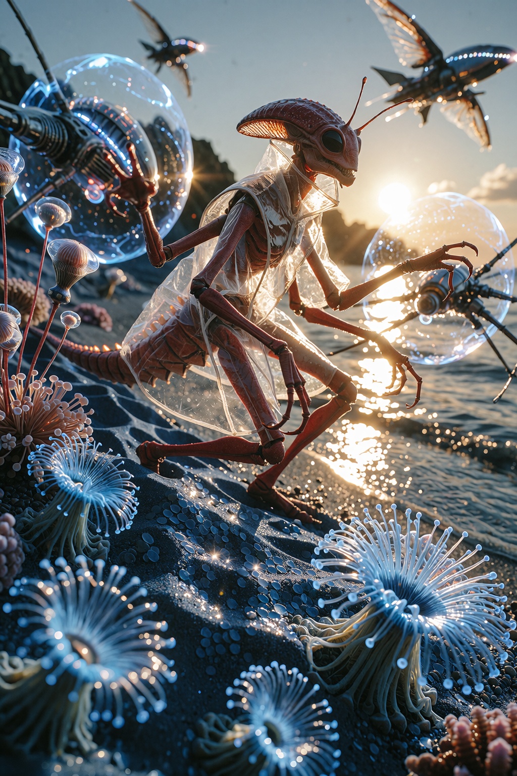 An insectoid Alien with red skin,  extra-thin limbs and a slender silhouette with two extra smaller arms attached to his t...