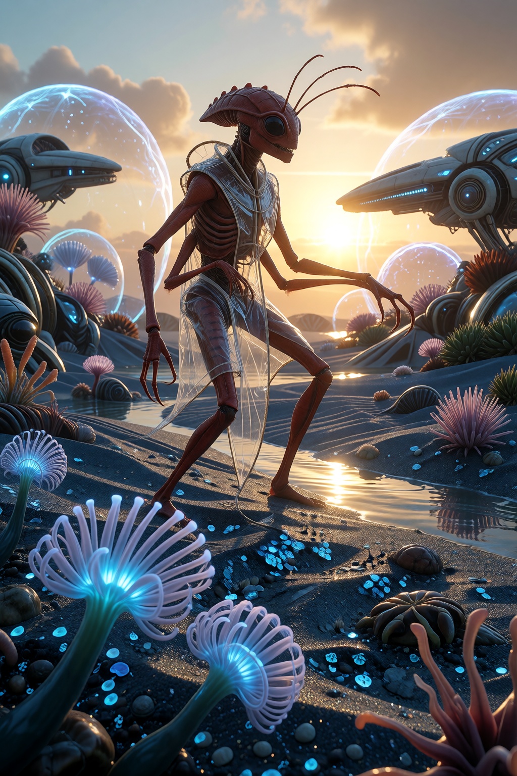 An insectoid Alien with red skin,  extra-thin limbs and a slender silhouette with two extra smaller arms attached to his t...