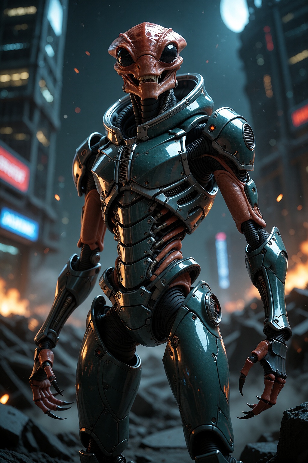 A full body shot of a futuristic,  armored alien figure,  without his helmet on Tensor.Art