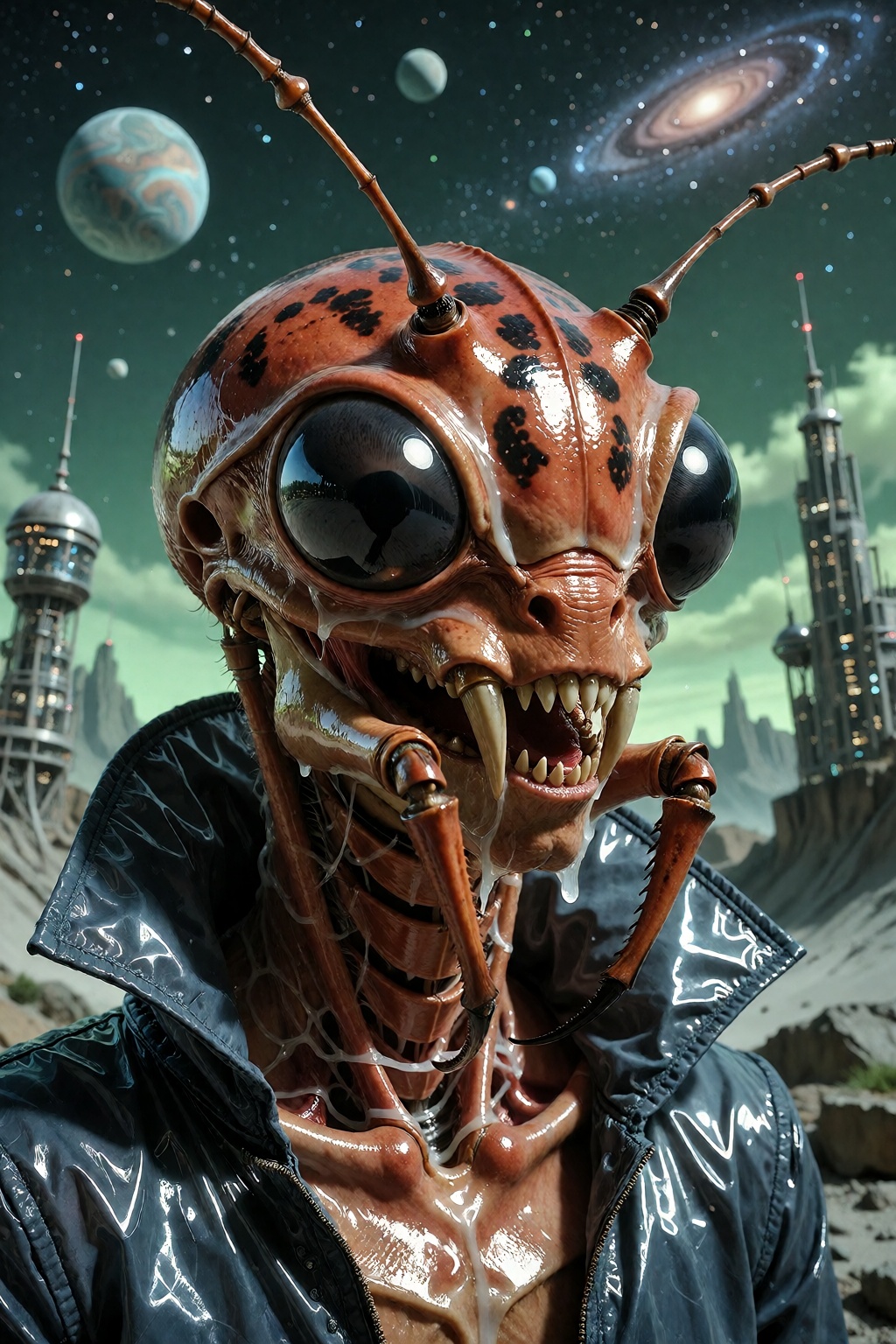 Photography portrait of an insectoid alien with black eyes and a red chitin skin. Slimy and shiny skin. Pointy fangs and m...