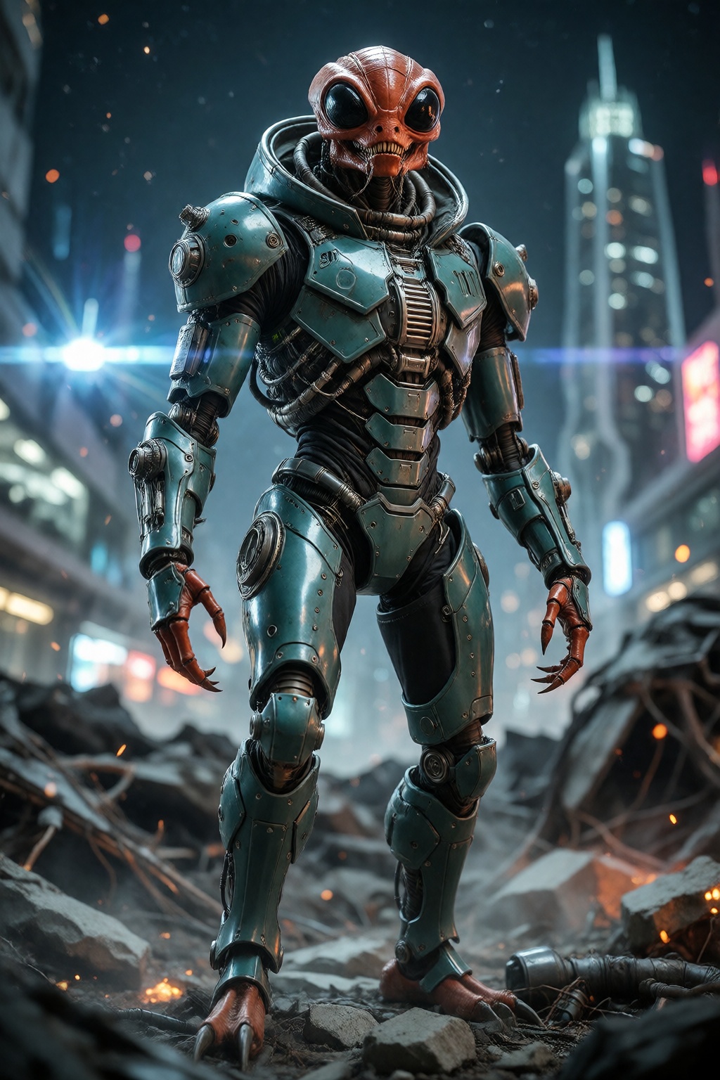 A full body shot of a futuristic,  armored alien figure,  without his helmet on Tensor.Art
