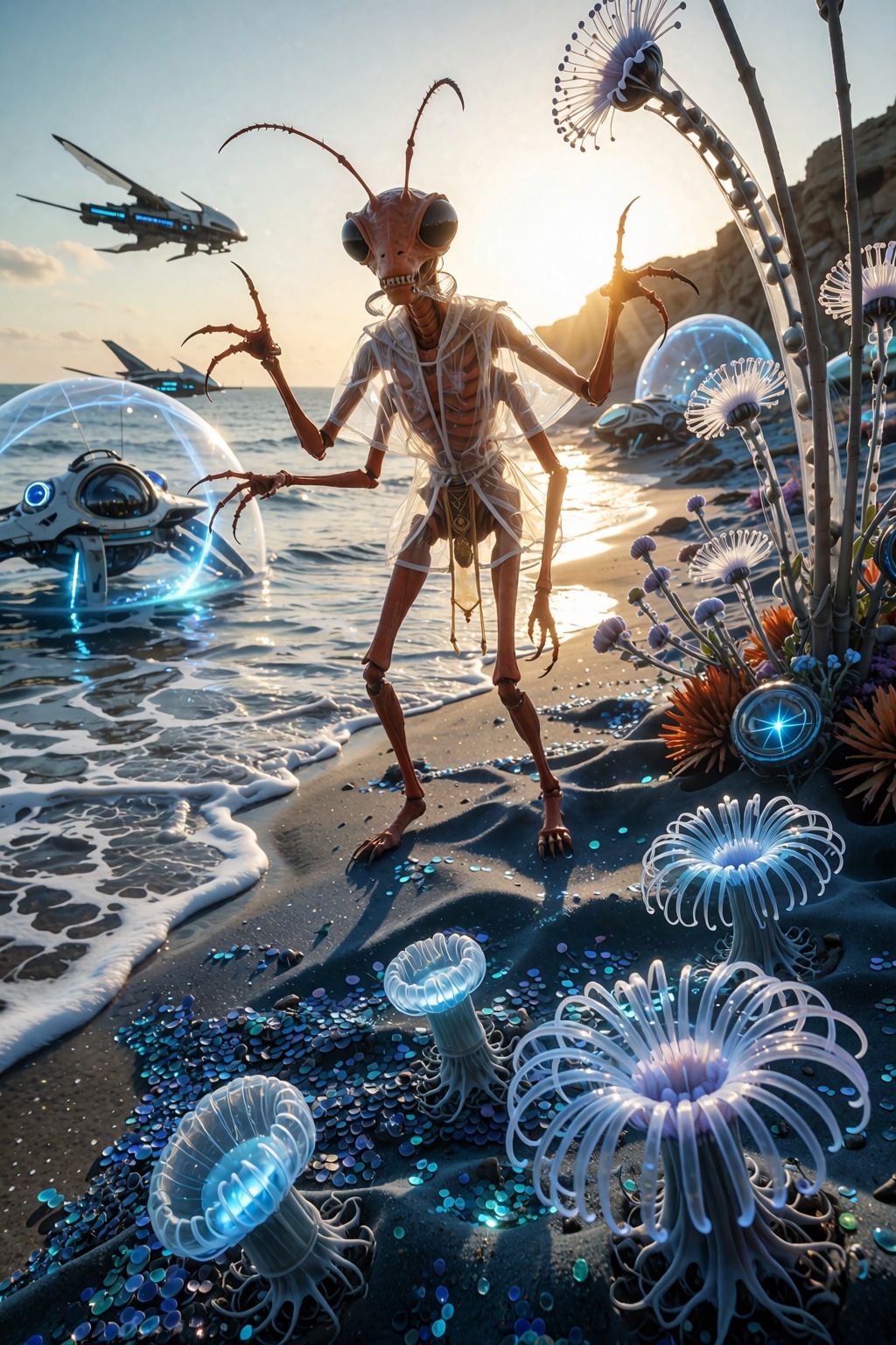 An insectoid Alien with red skin,  extra-thin limbs and a slender silhouette with two extra smaller arms attached to his t...