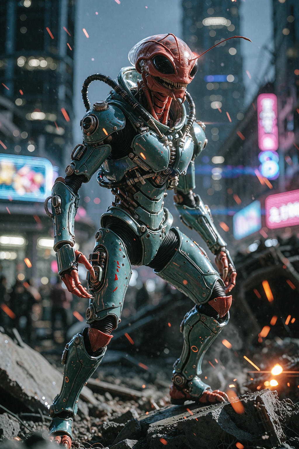 A full body shot of a futuristic,  armored alien figure,  without his helmet on Tensor.Art