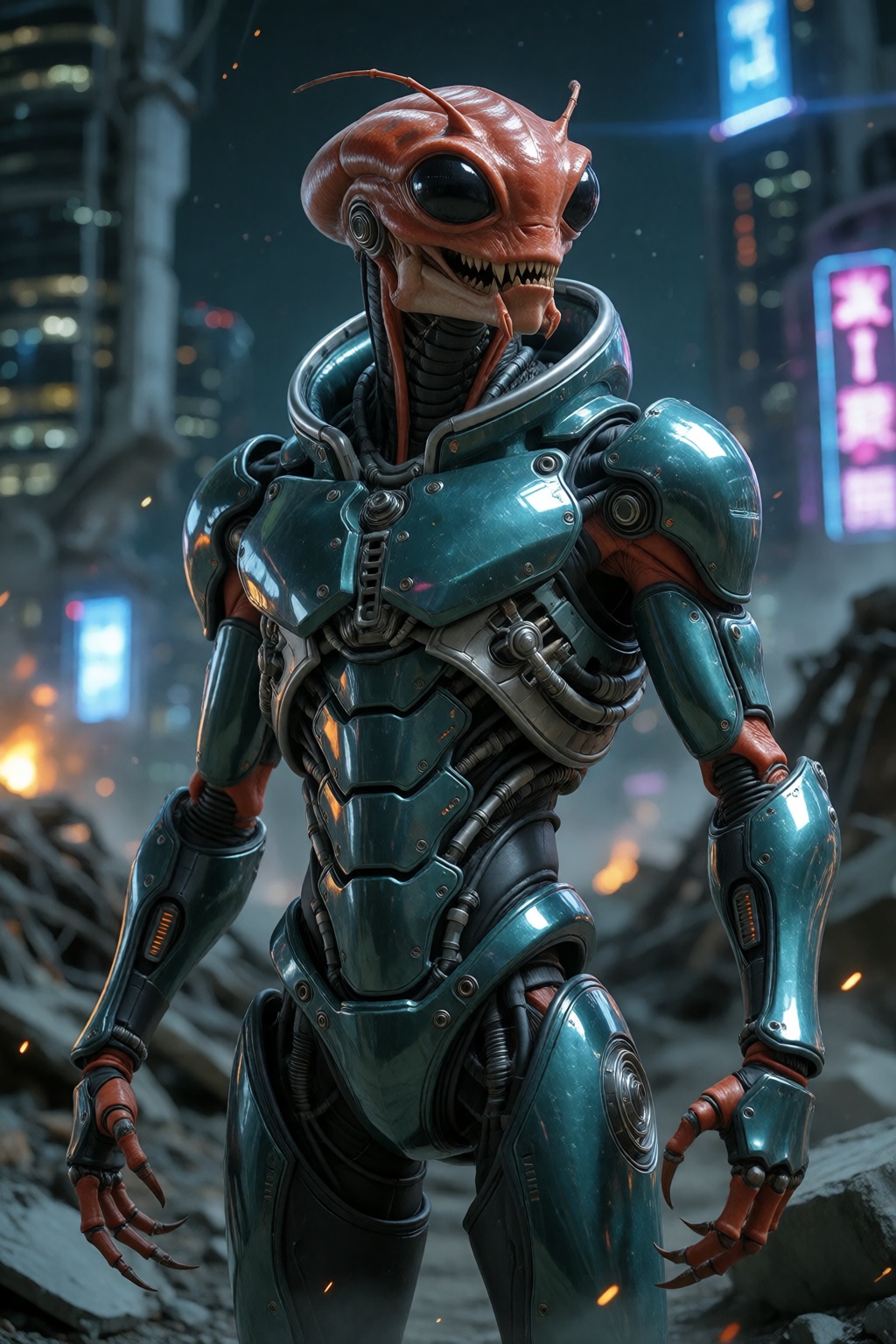 A full body shot of a futuristic,  armored alien figure,  without his helmet on Tensor.Art