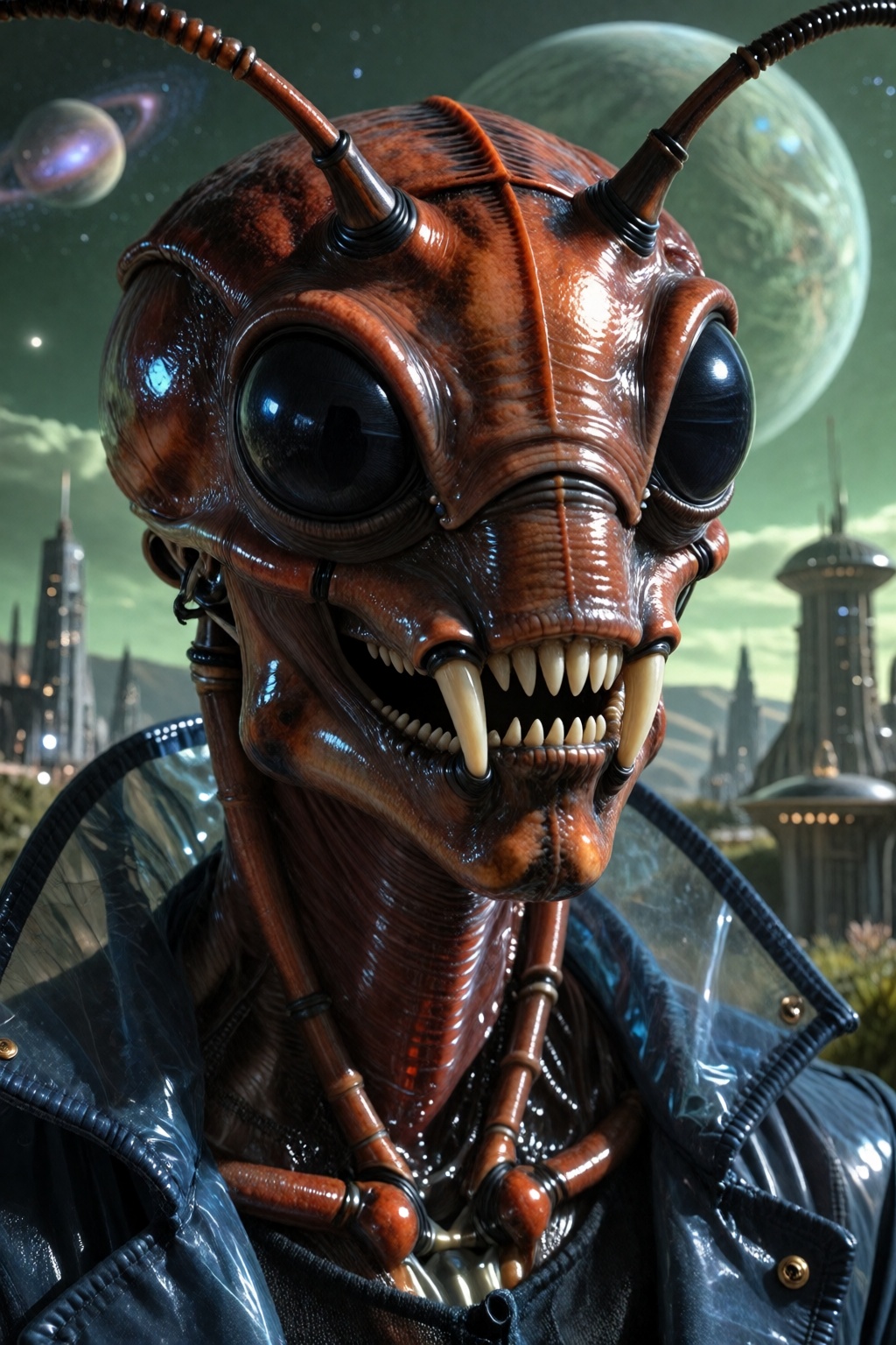 Photography portrait of an insectoid alien with black eyes and a red chitin skin. Slimy and shiny skin. Pointy fangs and m...