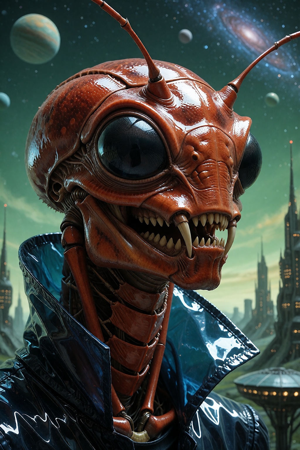 Photography portrait of an insectoid alien with black eyes and a red chitin skin. Slimy and shiny skin. Pointy fangs and m...
