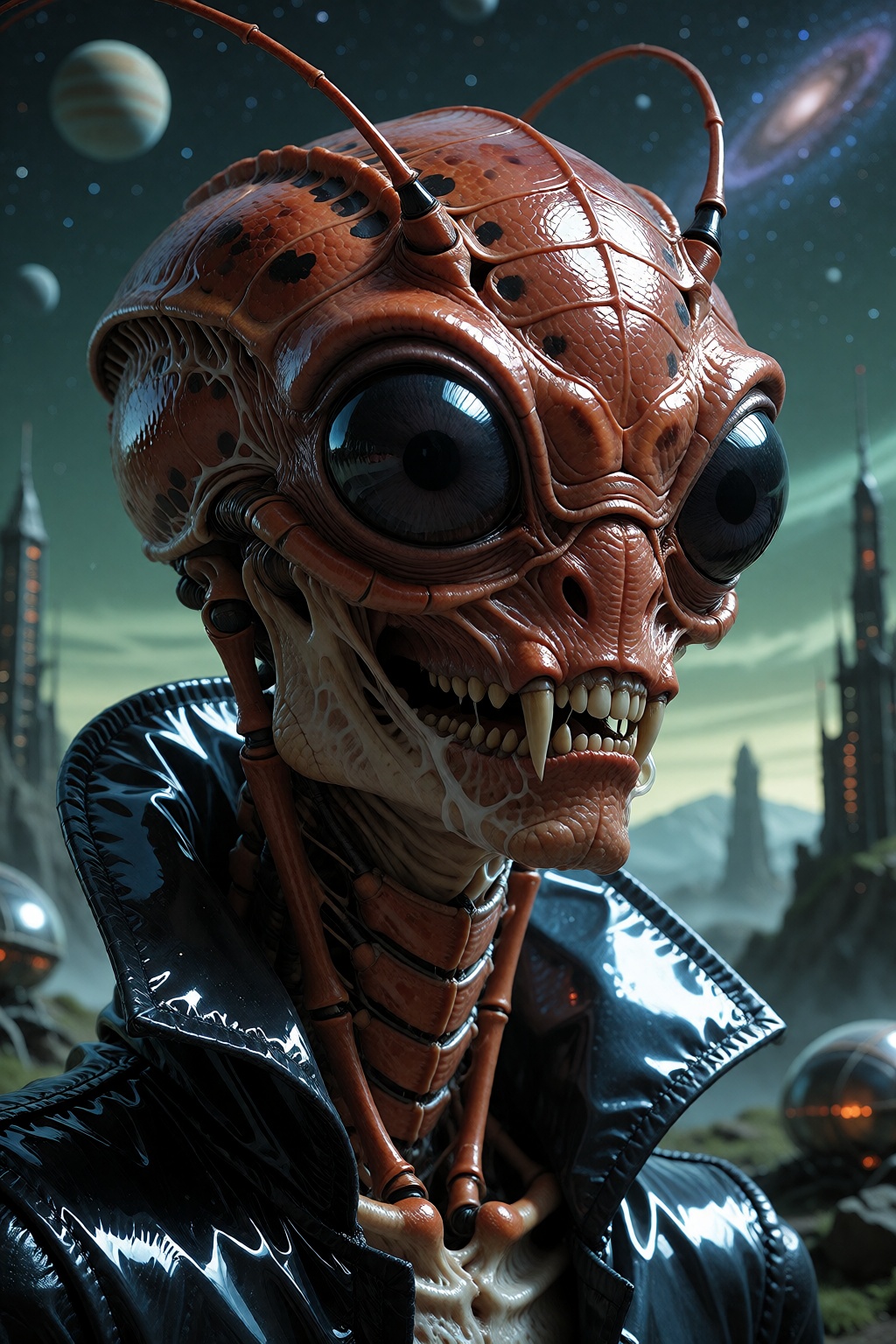 Photography portrait of an insectoid alien with black eyes and a red chitin skin. Slimy and shiny skin. Pointy fangs and m...