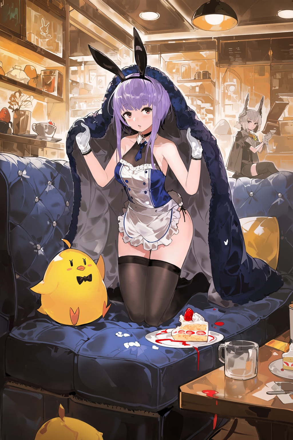 highres,  absurdres,  @alchemaniac A stylized anime-inspired illustration depicts a girl with short purple hair and black...