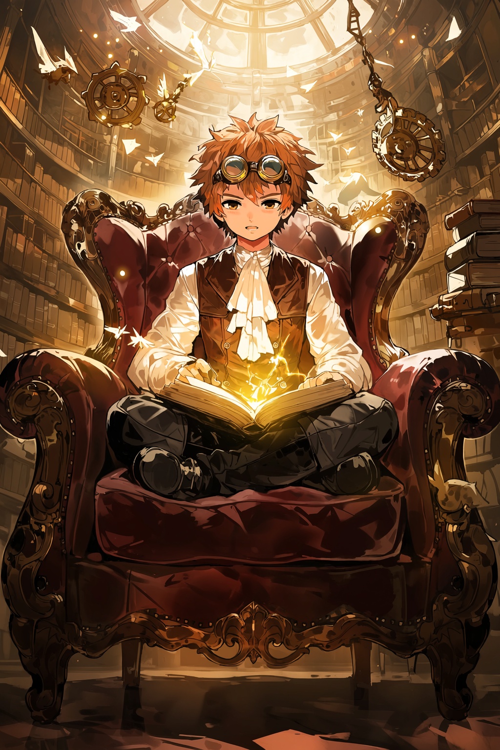 highres,  absurdres,  @alchemaniac A highly detailed anime-inspired illustration depicts a young male character with messy...