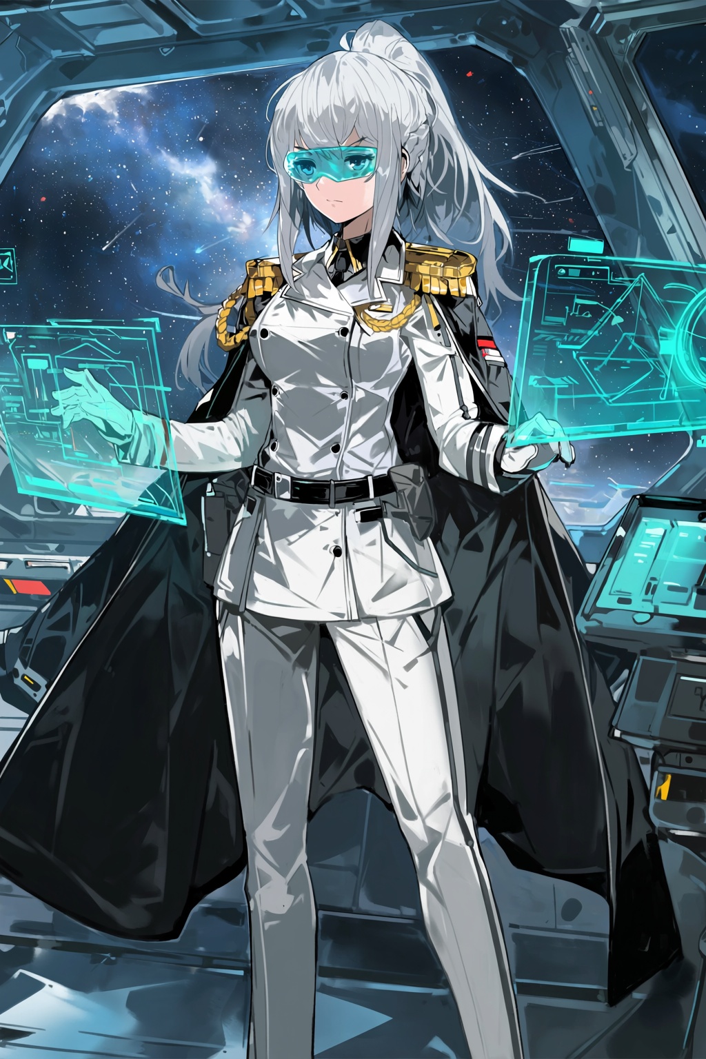 highres,  absurdres,  @alchemaniac A commanding anime-style illustration portrays a silver-haired female officer standing...