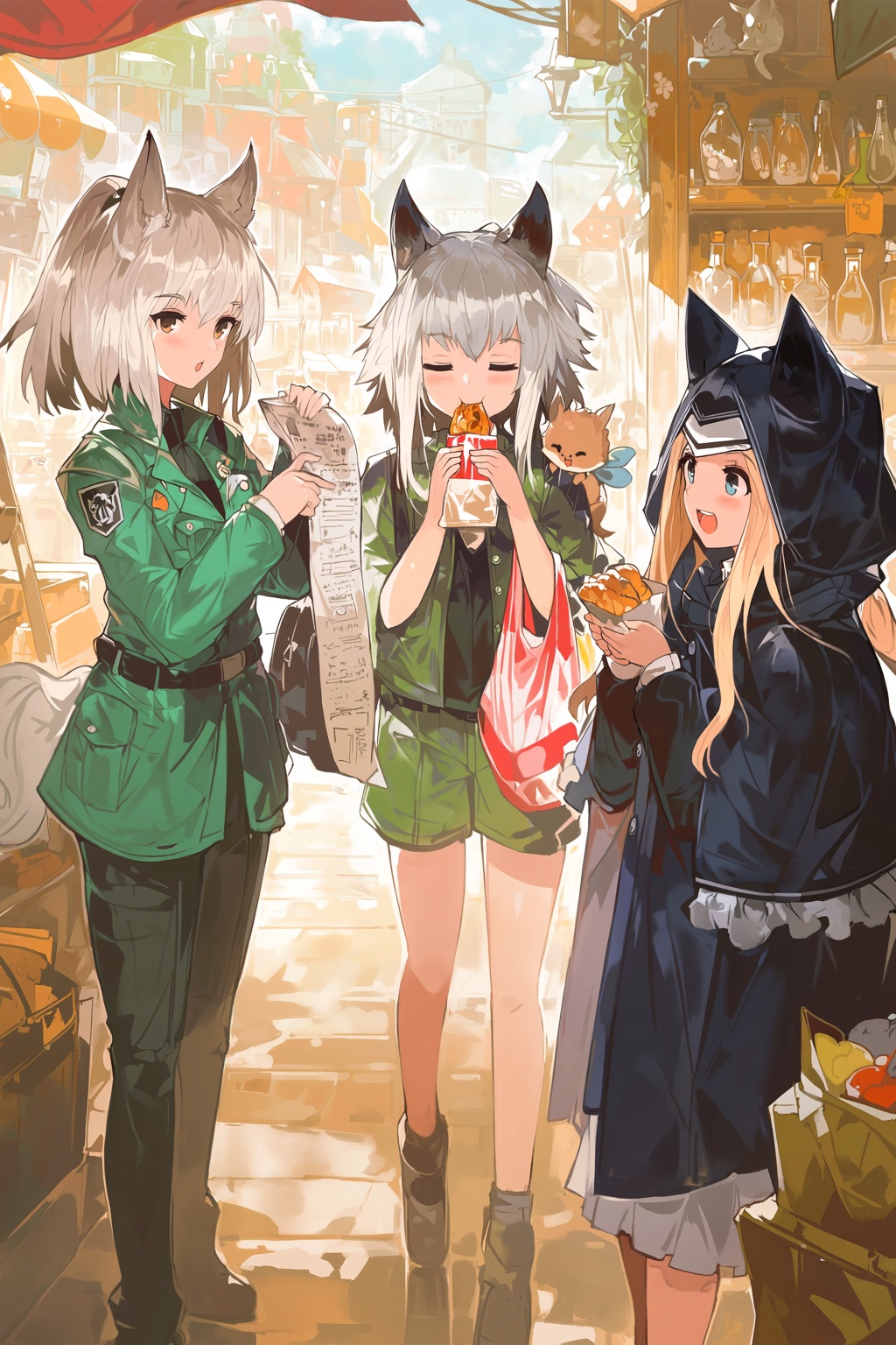 highres,  absurdres,  @alchemaniac Three anime-style girls with animal ears stand in a lively on Tensor.Art