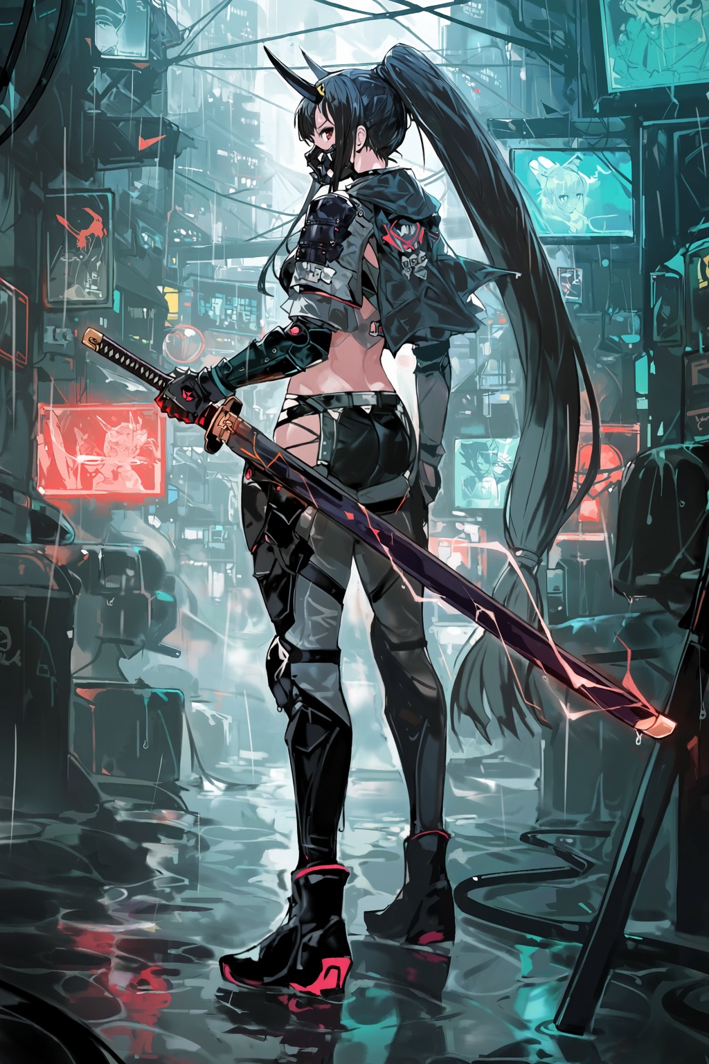 highres,  absurdres,  @alchemaniac A stylized anime-inspired illustration depicts a lone female warrior standing in a rain...