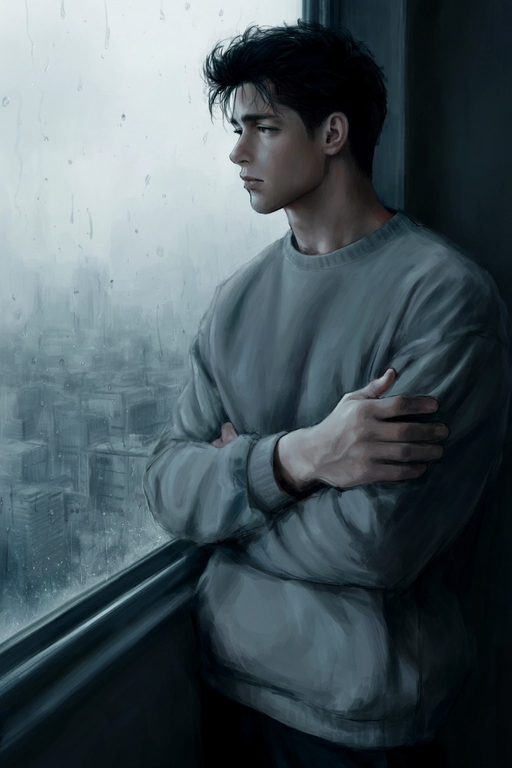highres,  absurdres,  @k05062688 This digital illustration depicts a young man with disheveled dark hair standing by a rai...