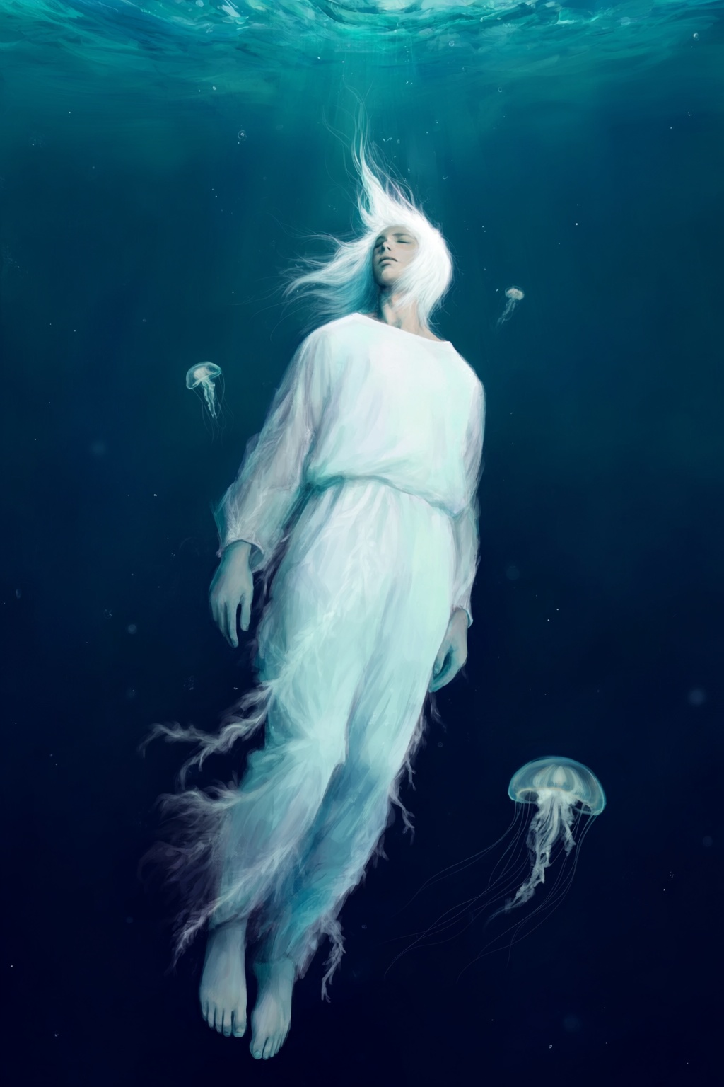 highres,  absurdres,  @k05062688 A surreal digital illustration features a pale figure floating weightlessly in a dark on...