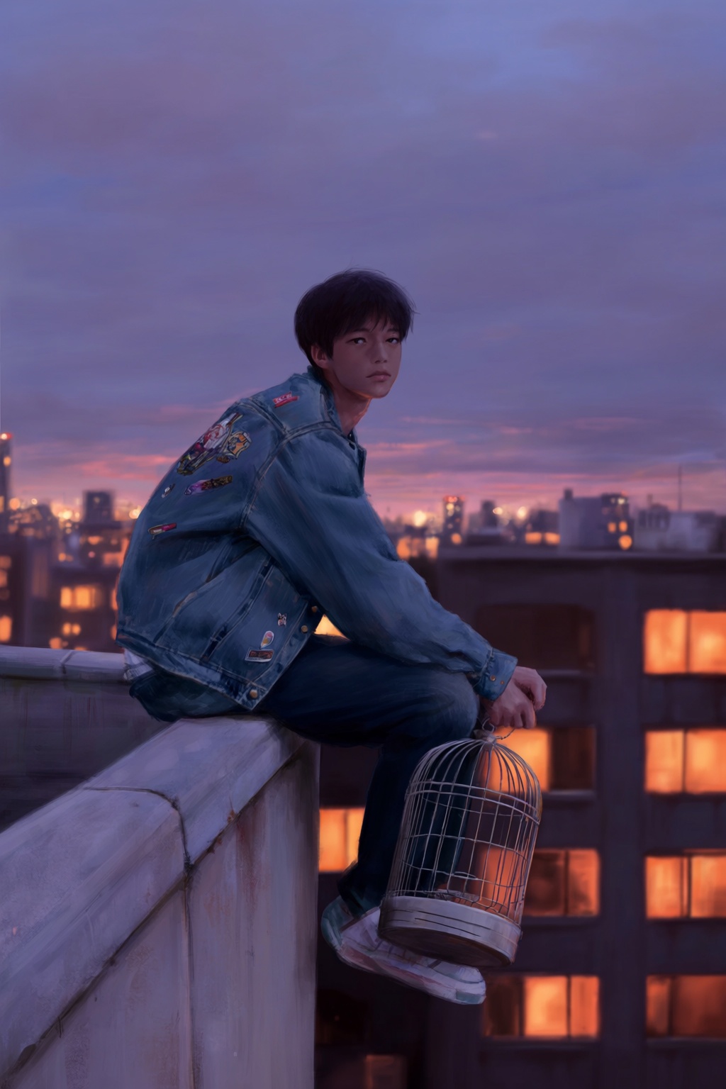 highres,  absurdres,  @k05062688 A painterly digital artwork depicts a young person sitting alone on the edge of a rooftop...