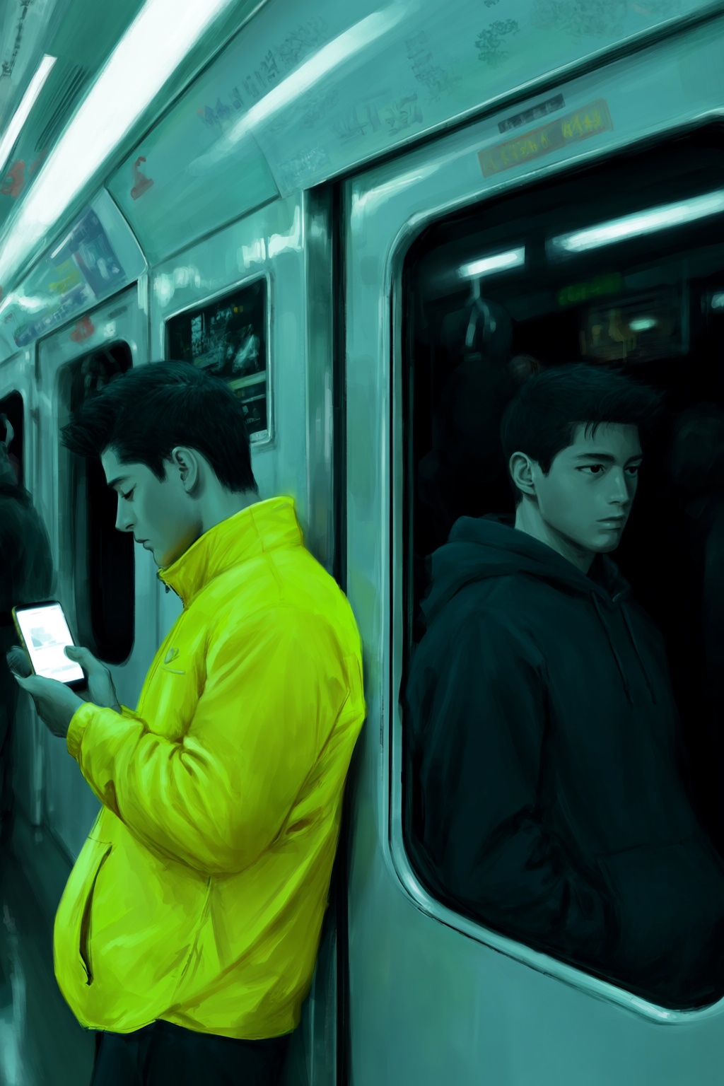 highres,  absurdres,  @k05062688 This digital artwork depicts two young men standing back-to-back in a dimly lit subway ca...