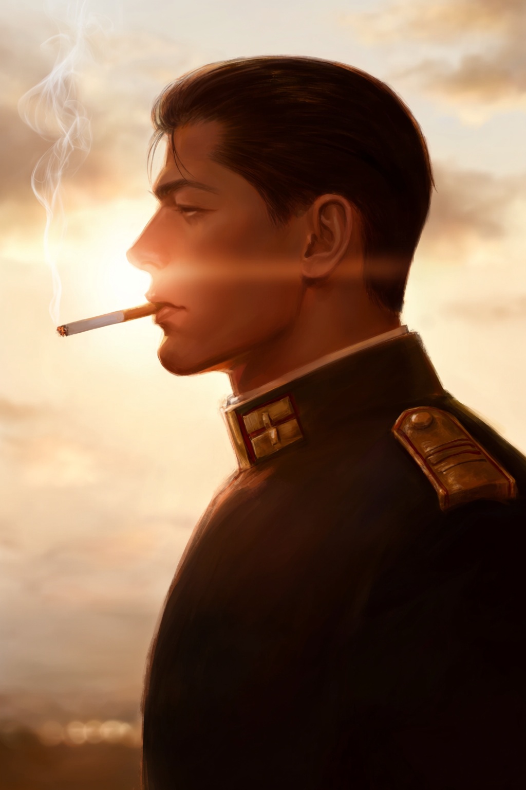 highres,  absurdres,  @k05062688 This digital painting presents a young man viewed in strict profile against a hazy on Ten...
