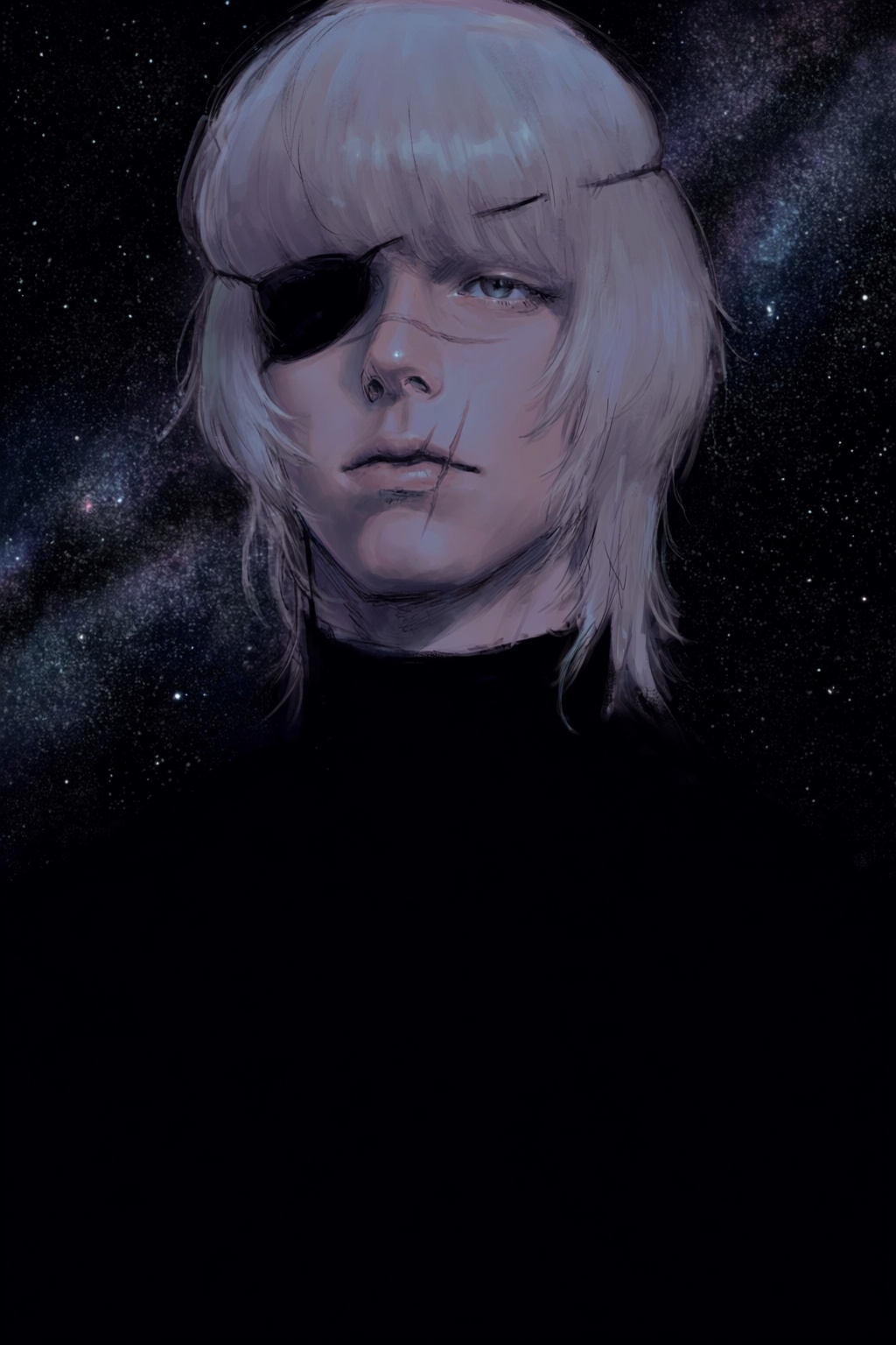 highres,  absurdres,  @k05062688 A digital illustration captures a close-up portrait of a pale-haired individual set again...