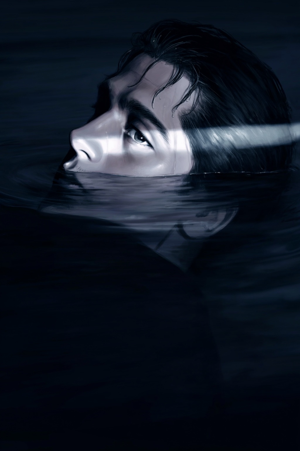 highres,  absurdres,  @k05062688 A dramatic digital portrait features a young man partially submerged in dark on Tensor.Art