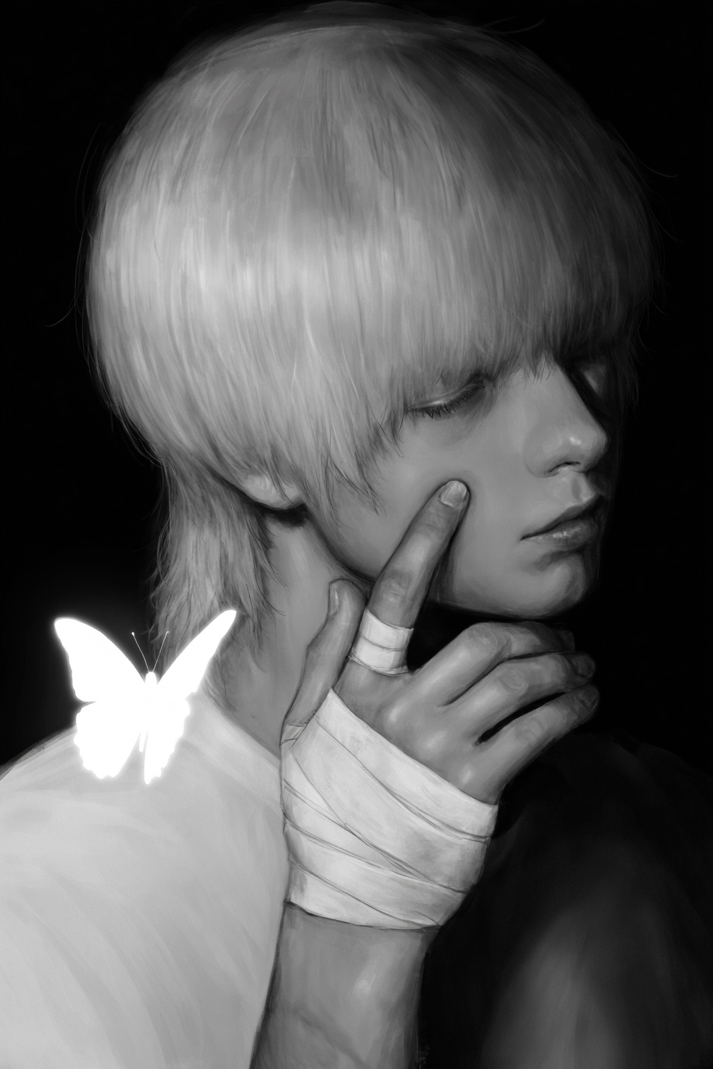 highres,  absurdres,  @k05062688 This grayscale digital portrait features a young person with short on Tensor.Art