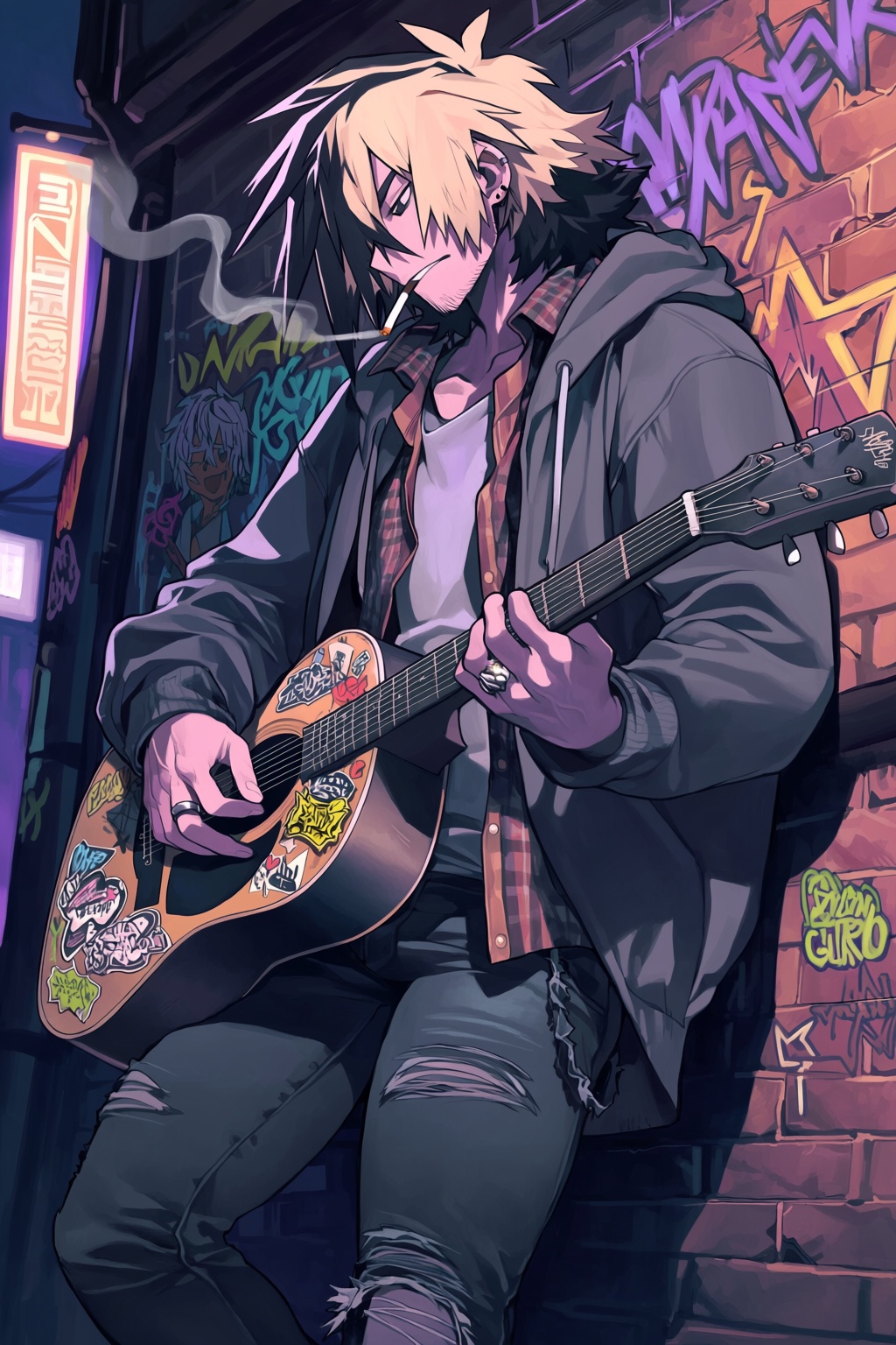 highres,  absurdres,  @knifedragon A stylized anime-inspired illustration portrays a male street musician leaning against...
